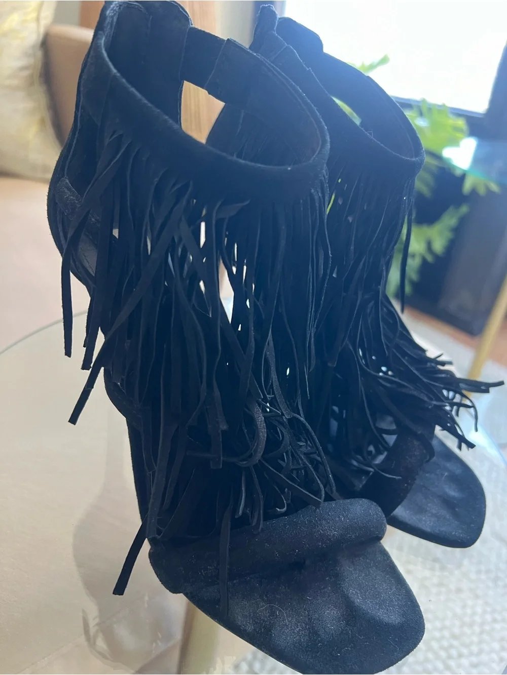 Steve Madden Fringly Fringe Heels Black Suede Stilettos Size 7.5